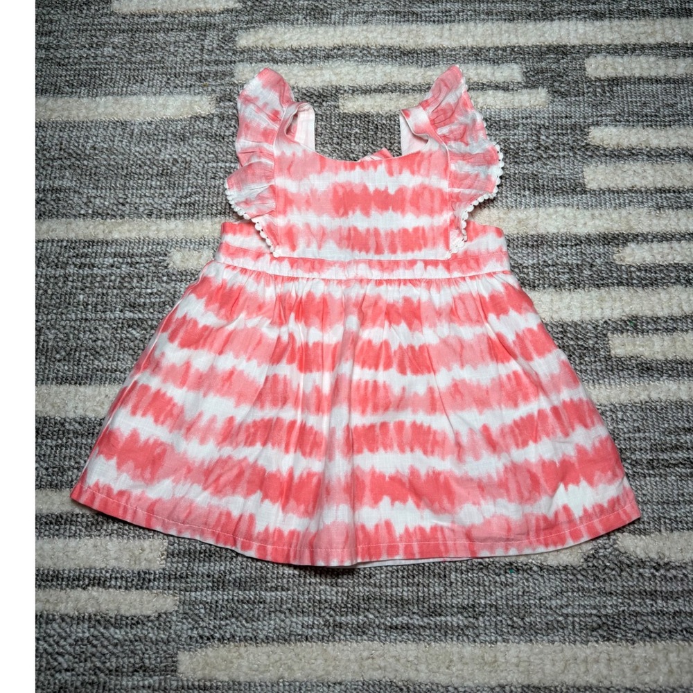 Tommy Bahama Girls 4T Coral Tie Dye Ruffle Pom Pom Bow Back Cotton Sun Dress